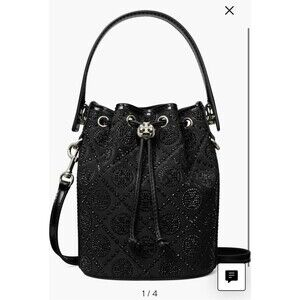 Tory Burch Mini T-Monogram Hot Fix Jacquard Top Handle Bucket In Black New